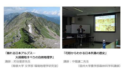室内講座の様子、「崩れる日本アルプス―
　　　　大規模地すべりの自然地理学」「花粉からわかる日本列島の歴史」